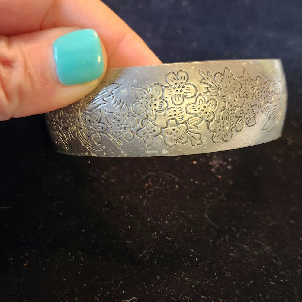 Leonard Genuine Pewter Larkspur Flower Engraved July Birth Month Cuff Bracelet